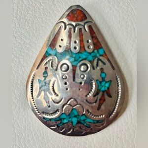 VTG Native American Navajo Pendant Sterling  Silver Turquoise Coral inlay.